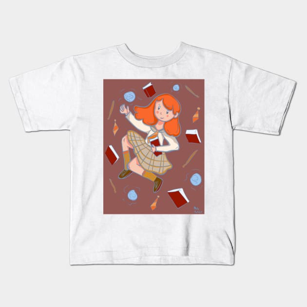 Redhead witch with books and magic wand Kids T-Shirt by Thedisc0panda